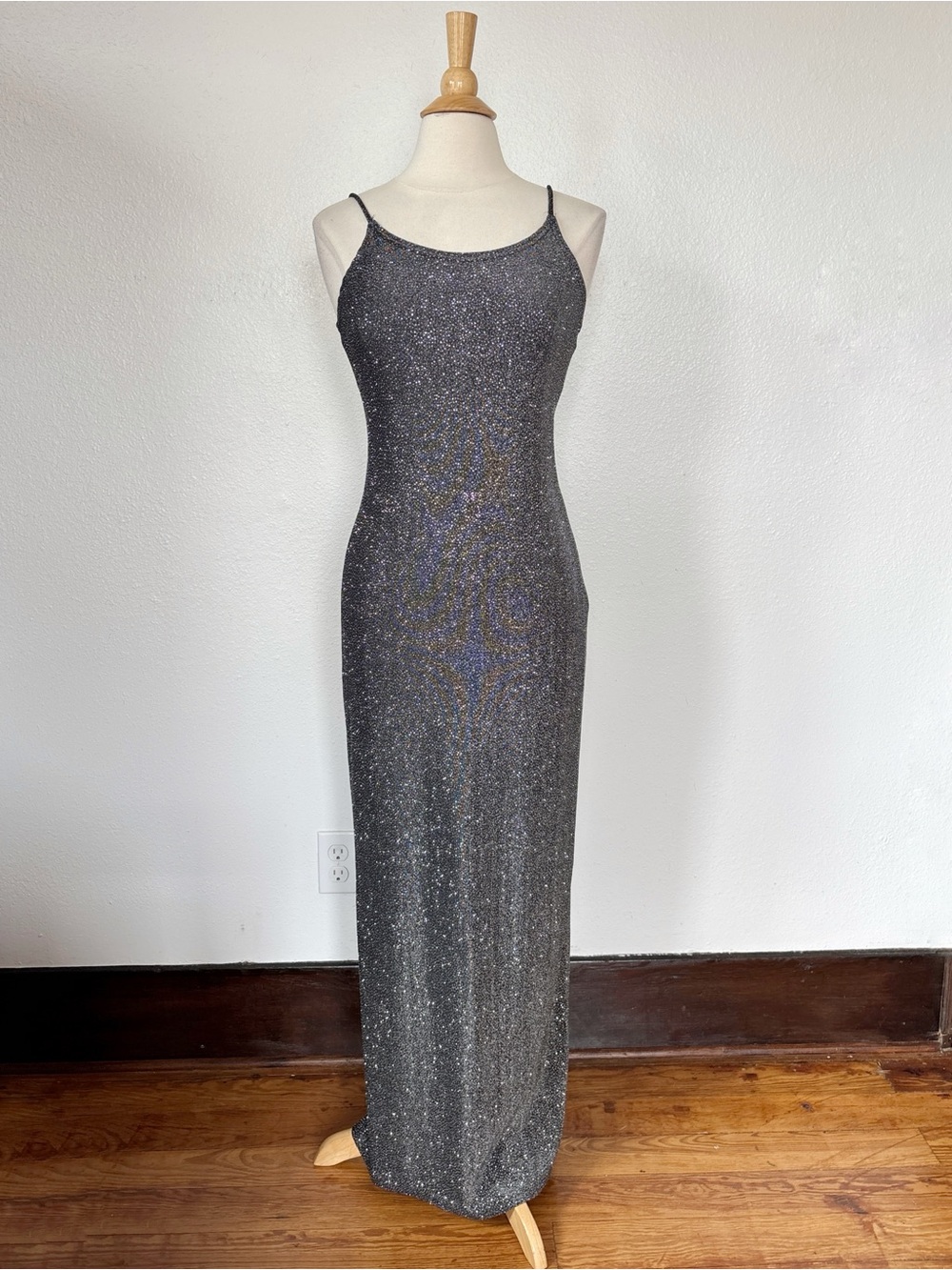 Vintage 90s Black + Silver Glitter Full Length Sleeveless Prom Dress